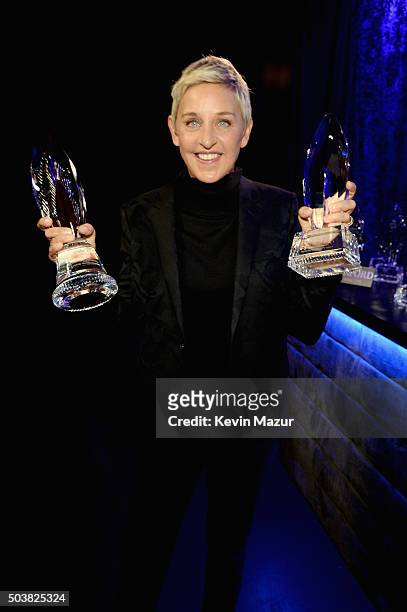 Comedian Ellen DeGeneres poses with awards during the People's Choice Awards 2016 at Microsoft Theater on January 6, 2016 in Los Angeles, California.