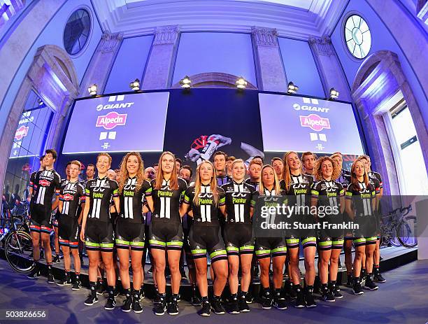 The team's GIANT-Alpecin pose for a picture at the presentation of team GIANT-Alpecin at the Italian embassy on January 7, 2016 in Berlin, Germany.