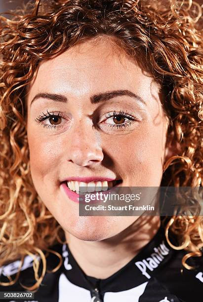 Floortje Mackad of The Netherlands poses for a picture at the presentation of team GIANT-Alpecin at the Italian embassy on January 7, 2016 in Berlin,...