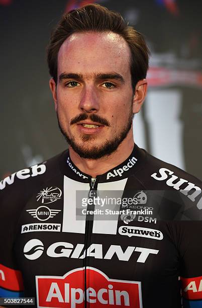 John Degankolb of Germany poses for a picture at the presentation of team GIANT-Alpecin at the Italian embassy on January 7, 2016 in Berlin, Germany.