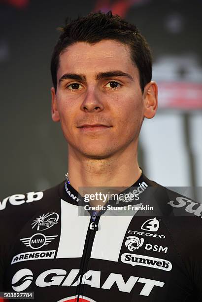 Warren Barguil of France poses for a picture at the presentation of team GIANT-Alpecin at the Italian embassy on January 7, 2016 in Berlin, Germany.