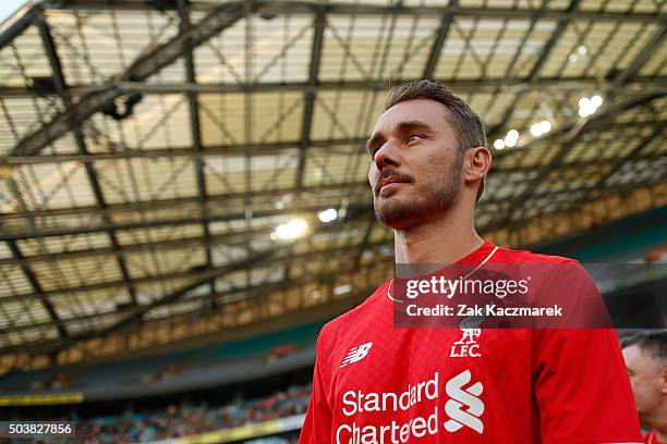 Fabio Aurelio of Liverpool FC Legends takes to the field before the match between Liverpool FC Legends and the Australian Legends at ANZ Stadium on...