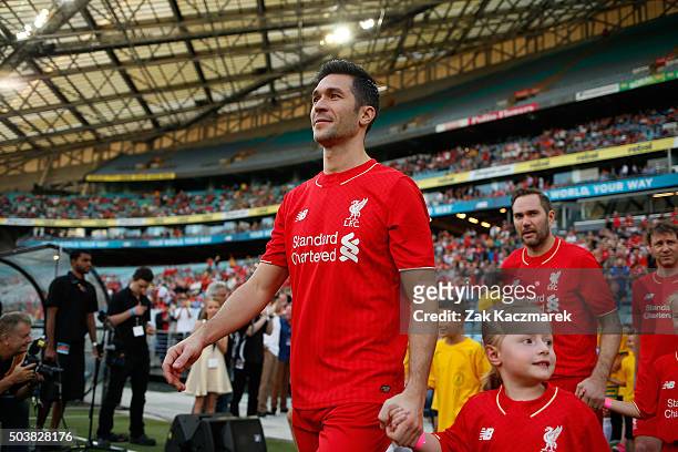 Luis Garcia of Liverpool FC Legends takes to the field before the match between Liverpool FC Legends and the Australian Legends at ANZ Stadium on...