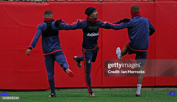 Patrick Van Aanholt warms up with DeAndre Yedlin and Wes Brown during a Sunderland AFC training session at the Academy of Light on January 07, 2016...