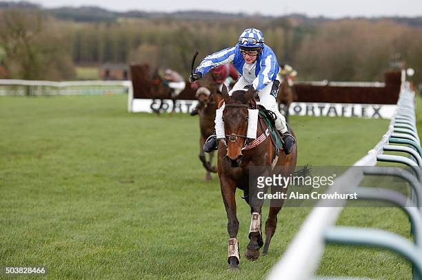 Jamie Moore riding Mr Bachster clear the last to win The Haygain Steamers Clean Healthy Forage Handicap Steeple Chase at Towcester racecourse on...