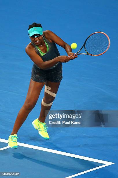 Victoria Duval of the United States plays a backhand in the womens single match against Karolina Pliskova of the Czech Republic during day five of...