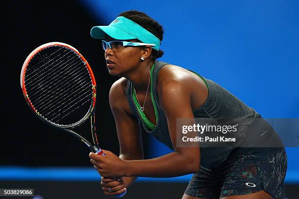 Victoria Duval of the United States waits to return service in the womens single match against Karolina Pliskova of the Czech Republic during day...