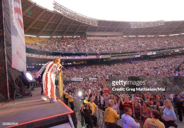 The band Aerosmith performing at the United We Stand What More Can I Give concert at RFK Stadium for the victims of the September 11th terrorist...