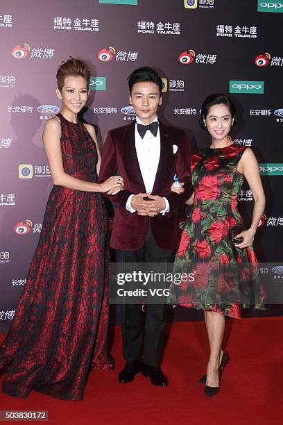 Actress Ada Choi, actor Zhang Jin and actress Athena Chu attend the Sina Weibo Award Ceremony at China World Trade Center Tower III on January 7,...