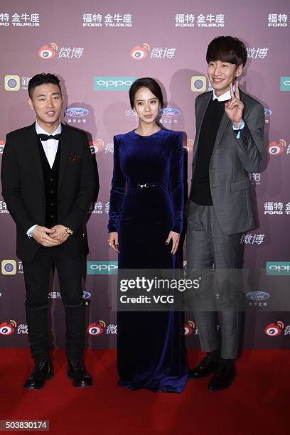 South Korean rapper Gary, actress Song Ji-hyo and actor Lee Kwang-soo attend the Sina Weibo Award Ceremony at China World Trade Center Tower III on...