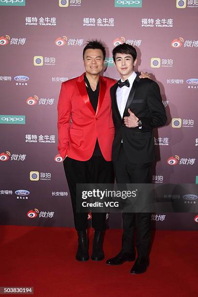 Singer Park Jin-Young and Nichkhun of boy band 2PM attend the Sina Weibo Award Ceremony at China World Trade Center Tower III on January 7, 2016 in...