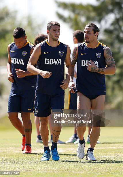 Jonathan Calleri and Daniel Osvaldo of Boca Juniors warm up during Boca Juniors Training Session at Sofitel Cardales Hotel on January 07, 2016 Los...