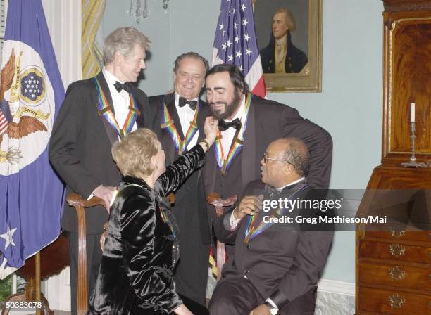 Kennedy Center Honorees: Van Cliburn, actress Julie Andrews, actor Jack Nicholson, opera singer Luciano Pavarotti and musician Quincy Jones posing...