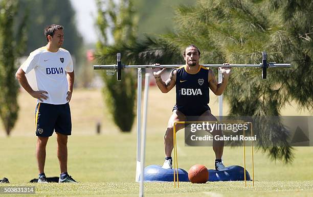 Daniel Osvaldo of Boca Juniors in action during Boca Juniors Training Session at Sofitel Cardales Hotel on January 07, 2016 in Los Cardales,...