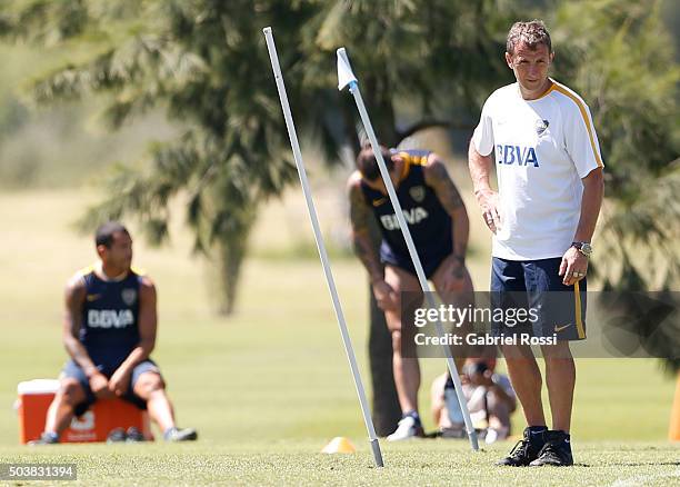 Rodolfo Arruabarrena coach of Boca Juniors looks on during Boca Juniors Training Session at Sofitel Cardales Hotel on January 07, 2016 in Buenos...