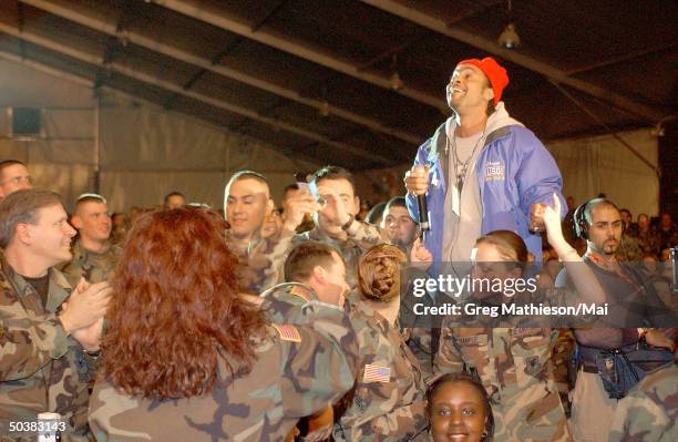 Singer Shaggy entertaining US troops during the USO Holiday Tour.