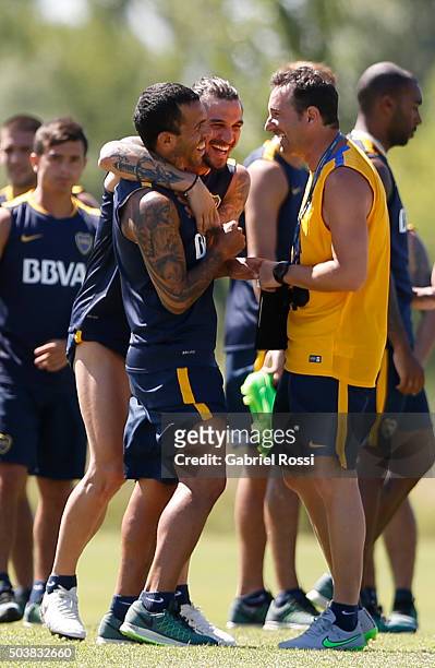 Carlos Tevez and Daniel Osvaldo of Boca Juniors laugh during Boca Juniors Training Session at Sofitel Cardales Hotel on January 07, 2016 in Los...