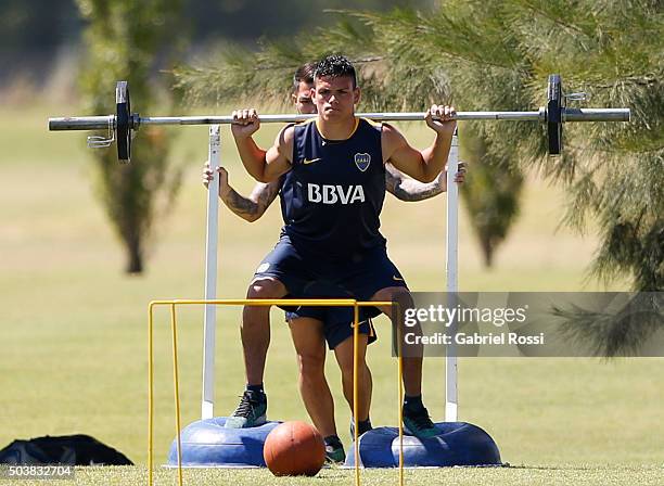 Jonathan Silva of Boca Juniors in action during Boca Juniors Training Session at Sofitel Cardales Hotel on January 07, 2016 in Los Cardales,...
