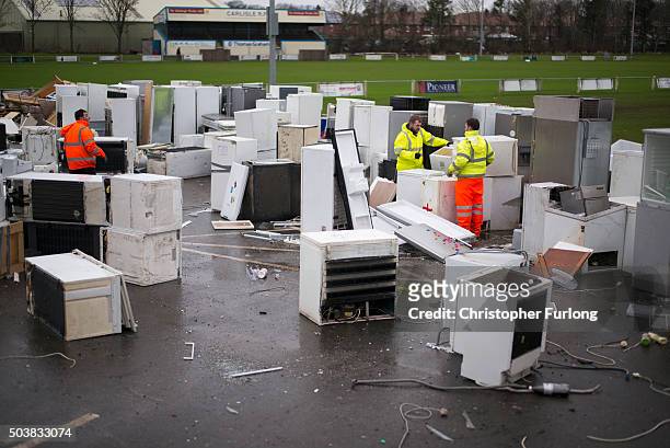 Flood damaged fridges and freezers are stockpiled for recycling at Carlisle Rugby Club, one month on from the devasting floods created by Storm...