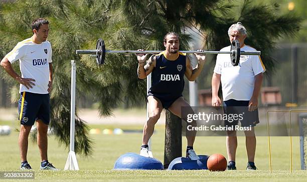 Daniel Osvaldo of Boca Juniors in action during Boca Juniors Training Session at Sofitel Cardales Hotel on January 07, 2016 in Los Cardales,...