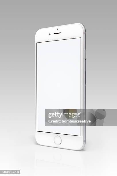 silver iphone 6 isolated on white with blank screen - iphone isolated stockfoto's en -beelden