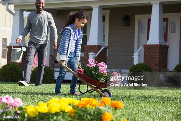 father and daughter gardening together - landscaped flowers stock pictures, royalty-free photos & images