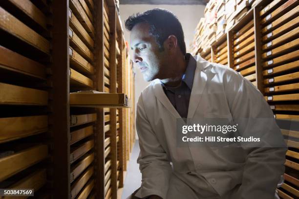 scientist working in museum archive - dossier secret stock-fotos und bilder