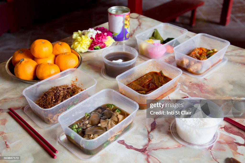 Food offerings in Buddhist temple for Chinese New Year