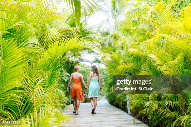 lesbian couple holding hands on tropical walkway - puerto vallarta stock pictures, royalty-free photos & images