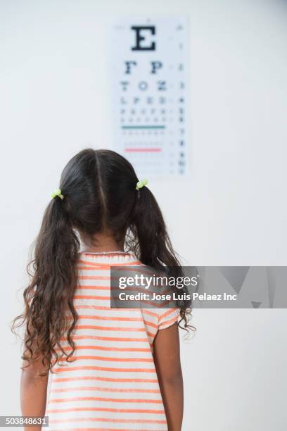 girl having eye exam in doctor's office - sight test chart stock pictures, royalty-free photos & images