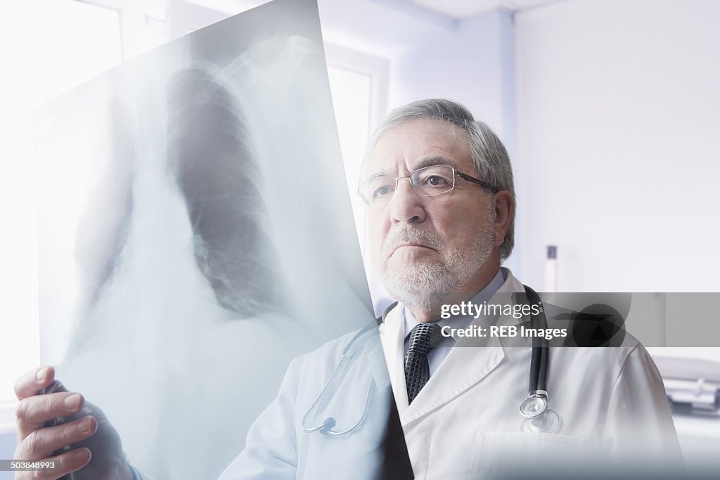 Hispanic doctor reading x-rays in hospital