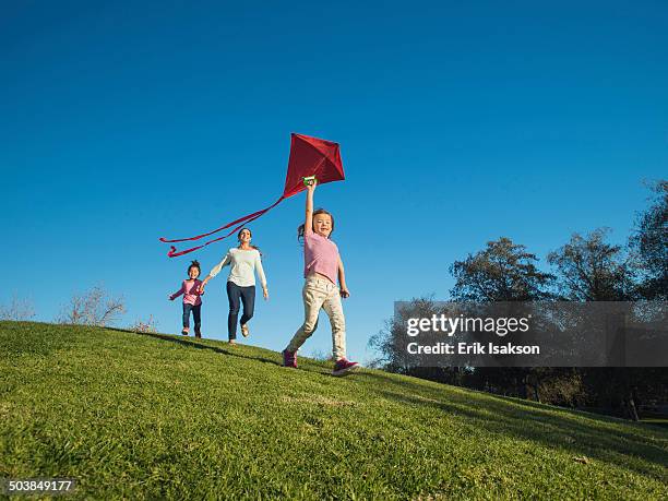 mother and children flying kite in park - children kite stock pictures, royalty-free photos & images