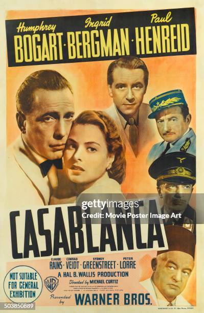 Poster for the movie 'Casablanca', starring Humphrey Bogart, Ingrid Bergman, Paul Henreid, Claude Rains, Conrad Veidt and Sydney Greenstreet, 1942.