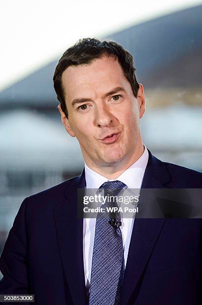 Chancellor of the Exchequer George is seen during his speech at St David's hotel during his visit to Cardiff on January 7, 2016 in Cardiff, Wales.