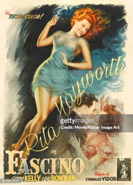 Actress Rita Hayworth and actor Gene Kelly appear on the Italian poster for the movie 'Cover Girl' , 1944.