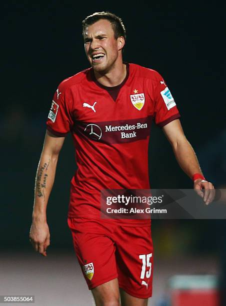 Kevin Grosskreutz of Stuttgart reacts during a friendly match between VfB Stuttgart and Antalyaspor at Akdeniz Universitesi on January 7, 2016 in...