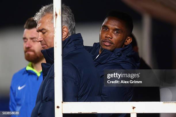 Samuel Eto'o of Antalyaspor looks on during a friendly match between VfB Stuttgart and Antalyaspor at Akdeniz Universitesi on January 7, 2016 in...