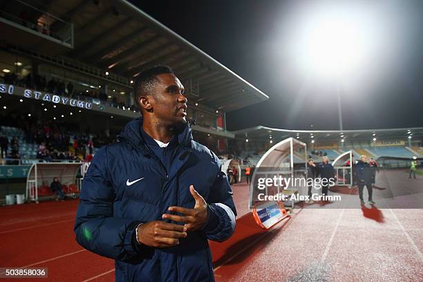 Samuel Eto'o of Antalyaspor looks on during a friendly match between VfB Stuttgart and Antalyaspor at Akdeniz Universitesi on January 7, 2016 in...