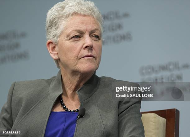 Environmental Protection Agency Administrator Gina McCarthy speaks at the Council on Foreign Relations in Washington, DC, January 7, 2016. AFP PHOTO...