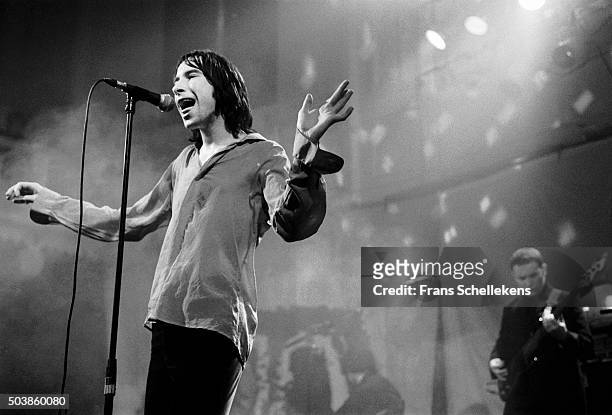 Singer Bobby Gillespie performs with Primal Scream at the Paradiso on January 11th 1992 in Amsterdam, the Netherlands.