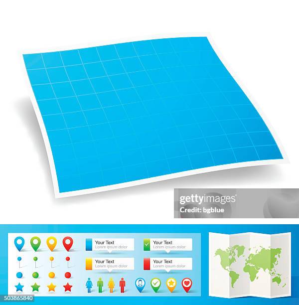 blank blue graph paper with location pins isolated, white background - putting label stock illustrations