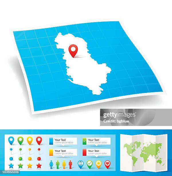 albanien karte mit lage pins, isoliert auf weißem hintergrund - tirana stock-grafiken, -clipart, -cartoons und -symbole