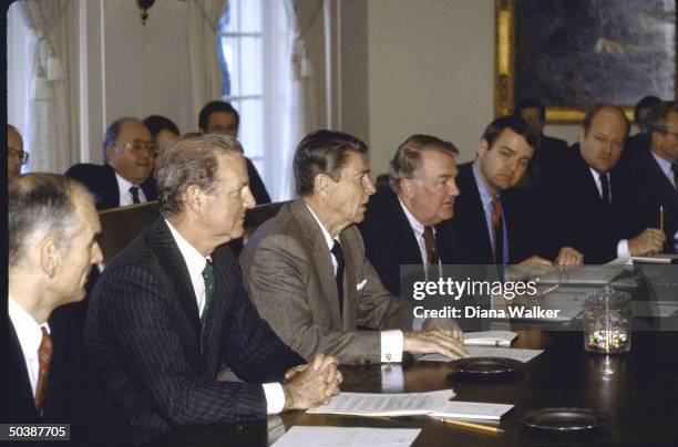 Pres. Ronald W. Reagan , during the Cabinet meeting with Secy. Model, Treas. Secy. Baker, Atty. Gen. Edwin Meese III, Dep. Trans. Secy. Burnly and...