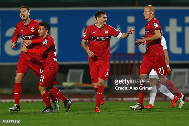 Toni Sunjic dss celebrates his team's second goal with team mates Arianit Ferati, Daniel Schwaab and Adam Hlousek during a friendly match between VfB...