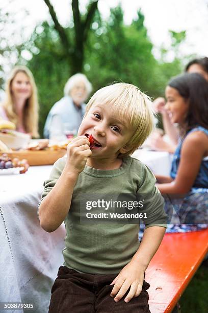 boy on a garden party - sitting at table looking at camera stock-fotos und bilder