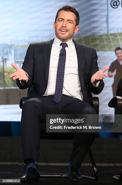 Actor Jason Jones speaks onstage during TBS's The Detour panel as part of the Turner Networks portion of This is Cable Television Critics Association...