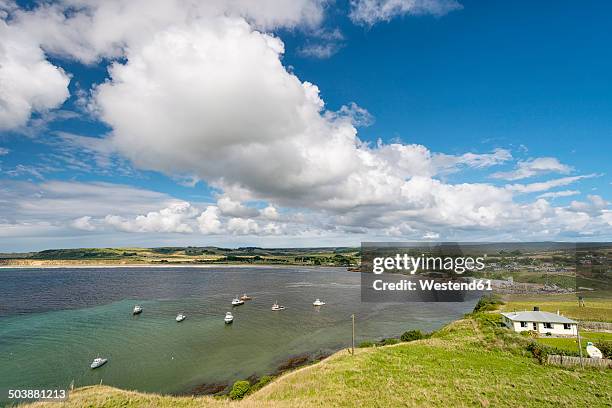 new zealand, chatham island, waitangi, fishing boats in bay - chatham islands new zealand stock-fotos und bilder