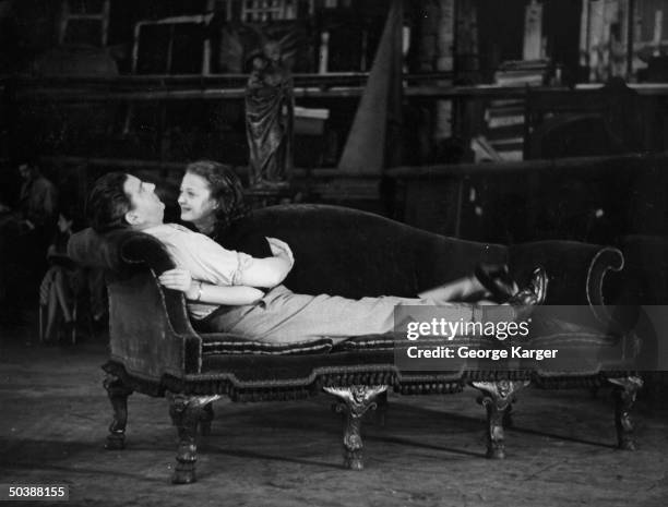 Actor Leslie Banks and actress Sylvia Sidney, rehearsing Act 1, Scene 1of Ben Hecht's 'To Quito And Back.'