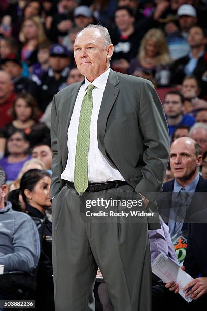 Head coach George Karl of the Sacramento Kings coaches against the Philadelphia 76ers on December 30, 2015 at Sleep Train Arena in Sacramento,...