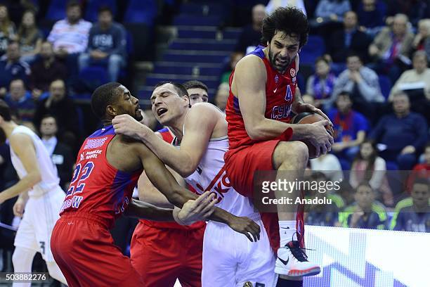 Milos Teodosi of CSKA Moscow vies with Jonas Maciulis of Real Madrid during the Turkish Airlines Euroleague Top 16 match between CSKA Moscow and Real...
